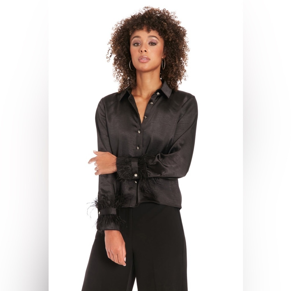 Muse Black Satin Button Down Shirt with Feather Cuffs Size 2
